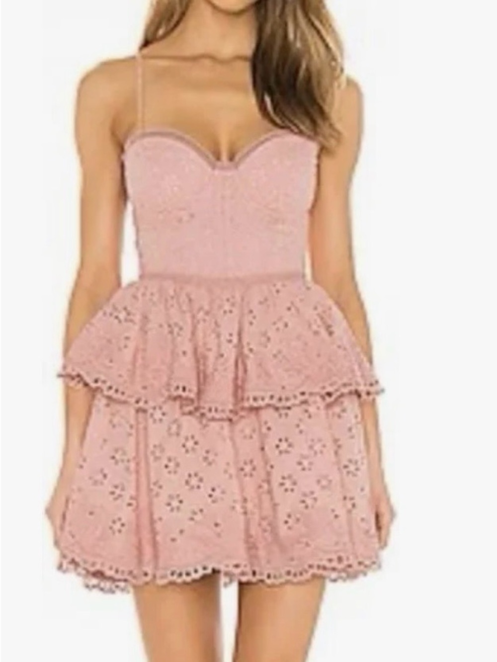 NBD Dusty Pink Eyelet Tiered Mini Dress